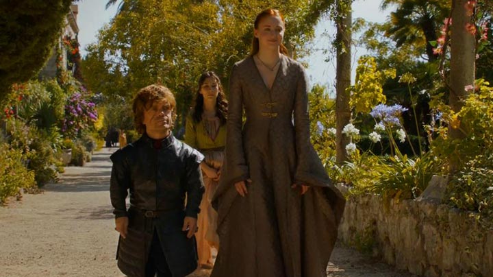 Tyrion and Sansa walk through the gardens